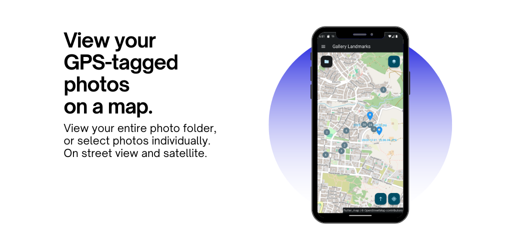 View your GPS-tagged photos on a map.
View your entire photo folder,
or select photos individually.
On street view and satellite.