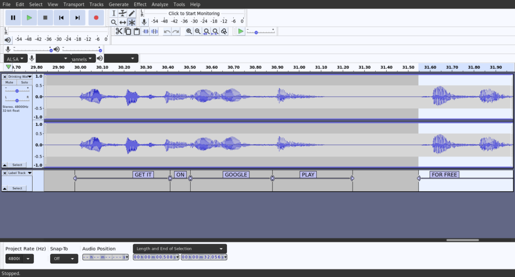 Using Audacity to add subtitles to the voice track of a video short ad.