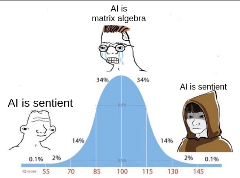 Bell curve: AI is sentient - AI is matrix algebra - AI is sentient.