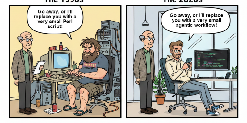 Cartoon: "Go away or I'll replace you with a very small agentic workflow."